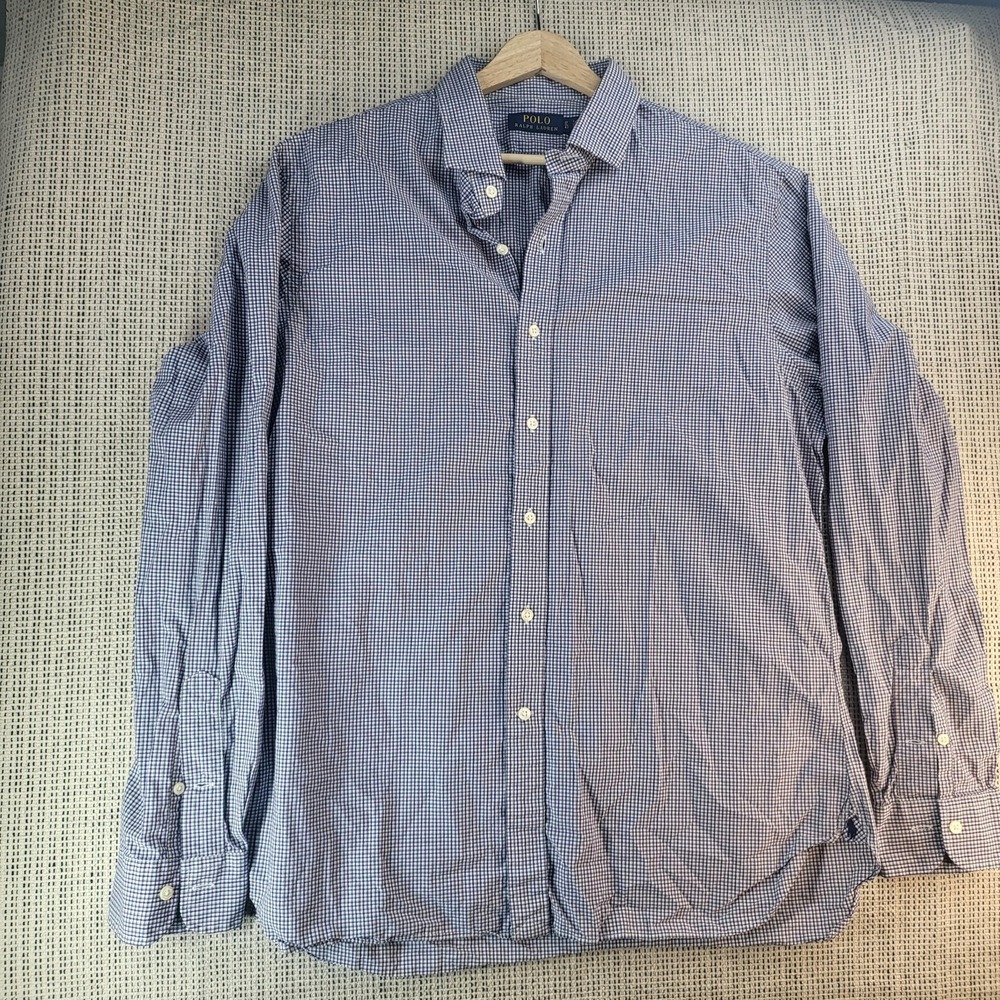 Polo Ralph Lauren Shirt Mens 17 43 Purple White Gingham Check Plaid Long‎ Sleeve